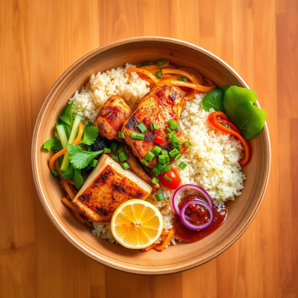 A colourful grilled chicken rice bowl
