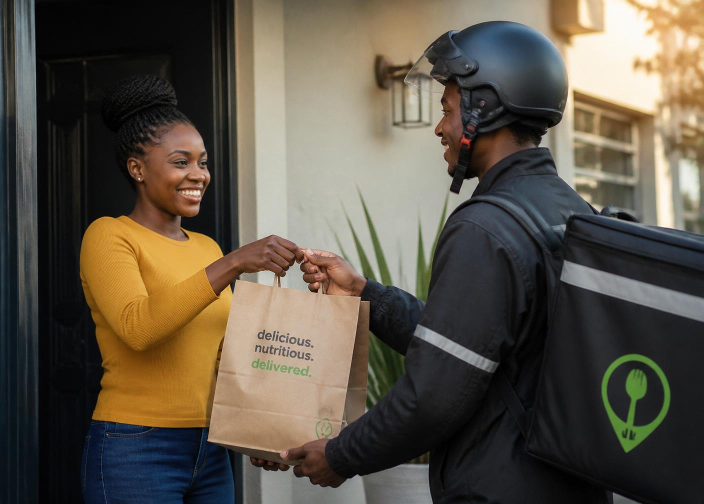 A Galeyr rider handing a food order to a happy customer